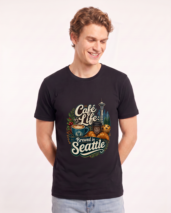 Café Life: Brewed in Seattle Men's Black T-Shirt product image 1