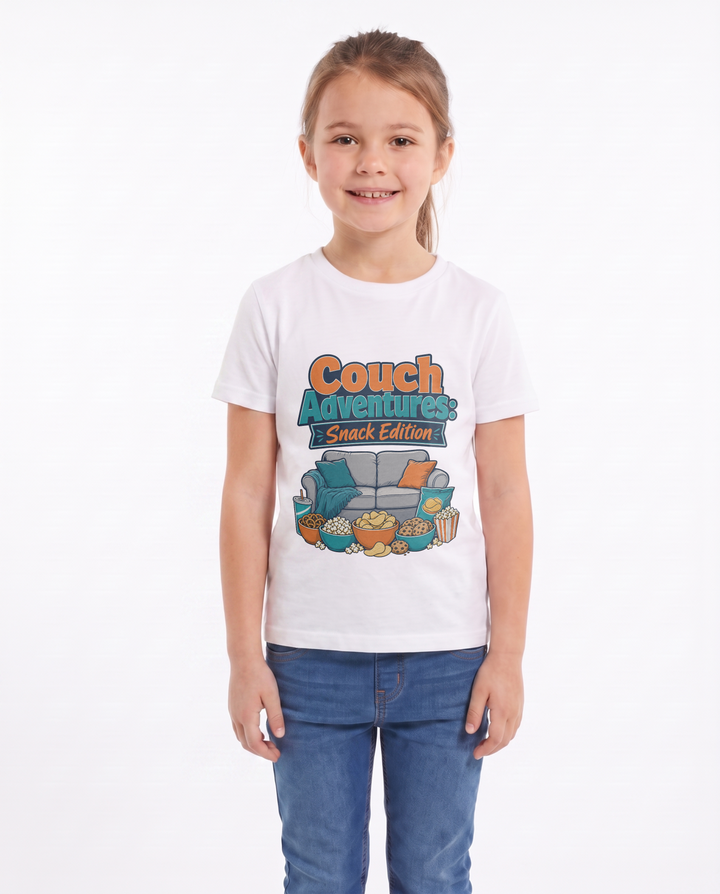 Couch Adventures: Snack Edition White T-Shirt mockup 1