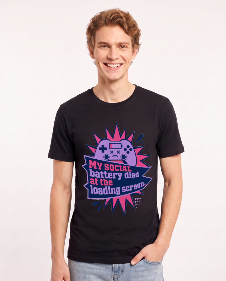 Gaming Men's Black T-Shirt - My social battery died at the loading product image 1