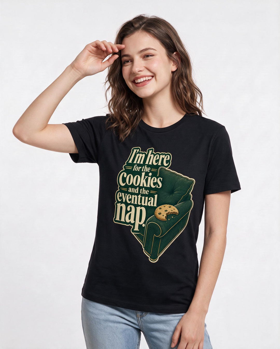 Funny Christmas Women's Black T-Shirt – I’m here for the cookies and the eventual nap. product image 3