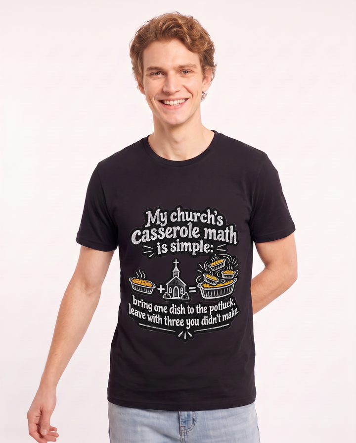 My church's casserole math is simple: bring one dish to the potluck, leave with three you didn't make. Men's Black T-Shirt product image 1