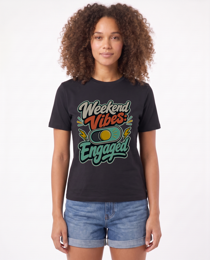 Weekend Vibes: Engaged Black T-Shirt mockup 1