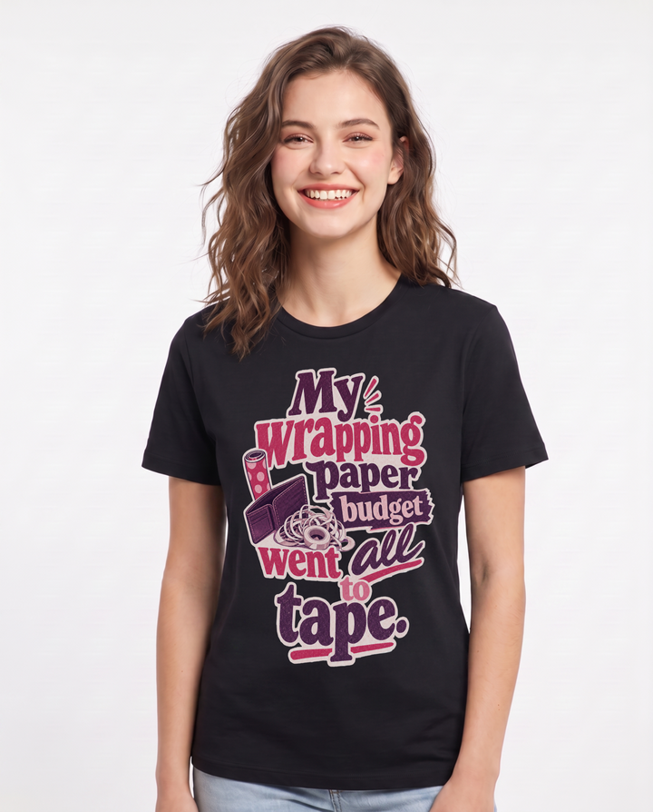 Funny Christmas Women's Black T-Shirt – My wrapping paper budget went all to product image 1