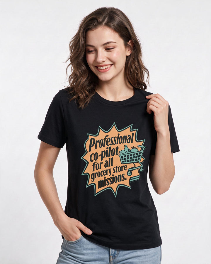 Couples Women's Black T-Shirt - Professional co-pilot for all grocery product image 3