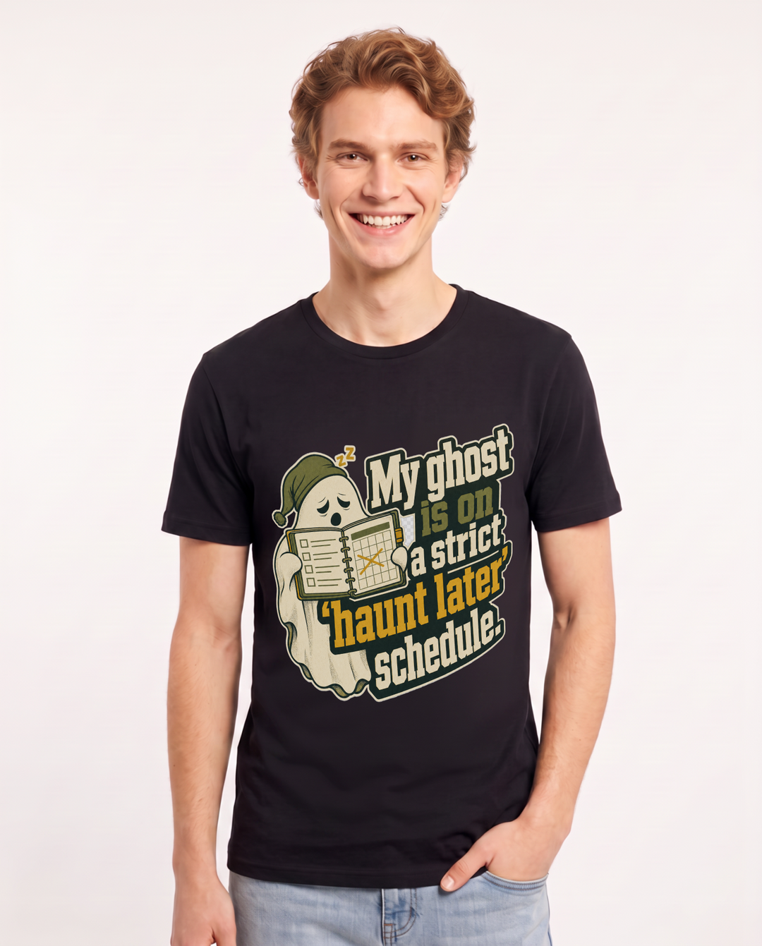 Funny Halloween Men's Black T-Shirt – My ghost is on a strict 'haunt later' schedule. product image 1