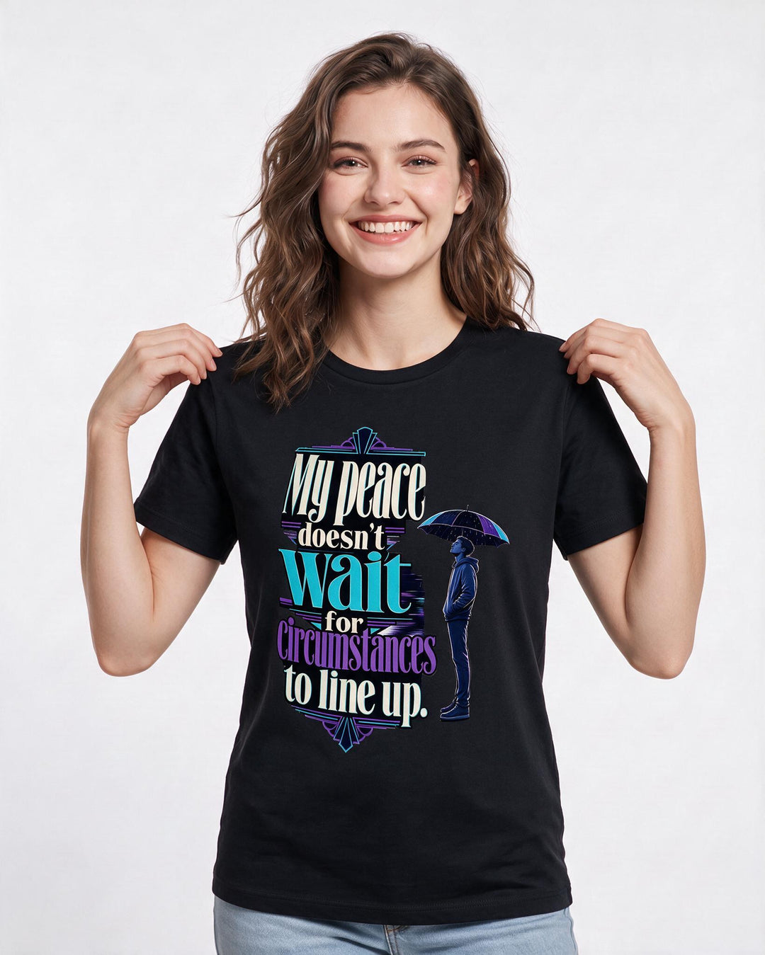 Christian Faith Women's Black T-Shirt – My peace doesn't wait for circumstances to line up. product image 3