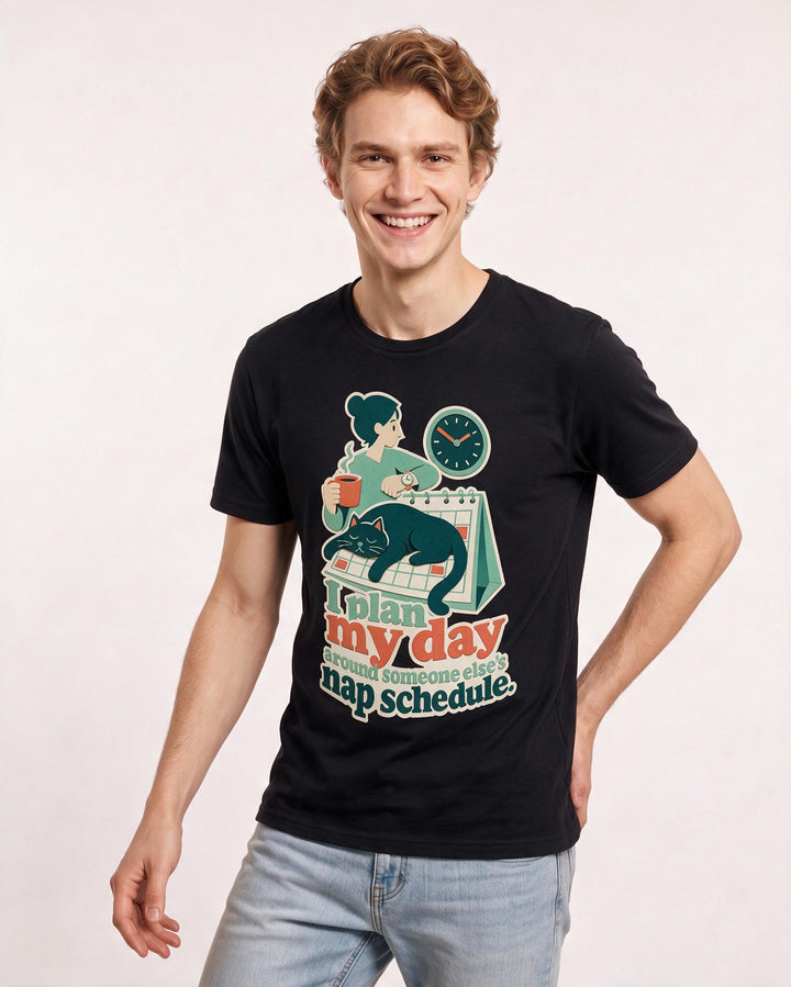 Funny Cat Lover Men's Black T-Shirt – I plan my day around someone else's nap schedule. product image 3