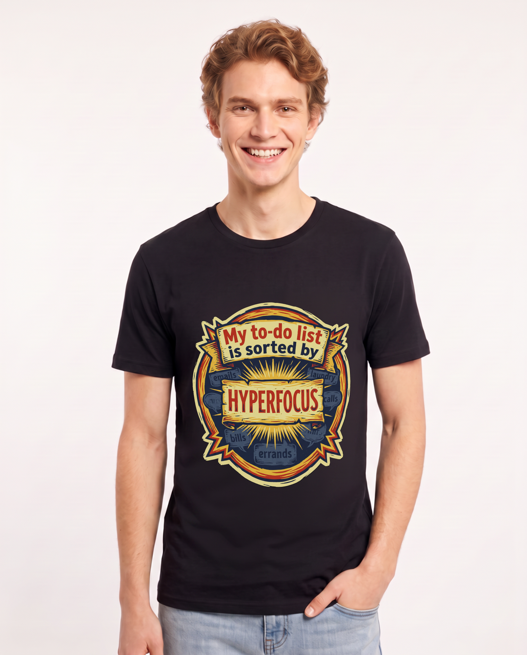 Neurodiversity Men's Black T-Shirt – My to-do list is sorted by hyperfocus. product image 1