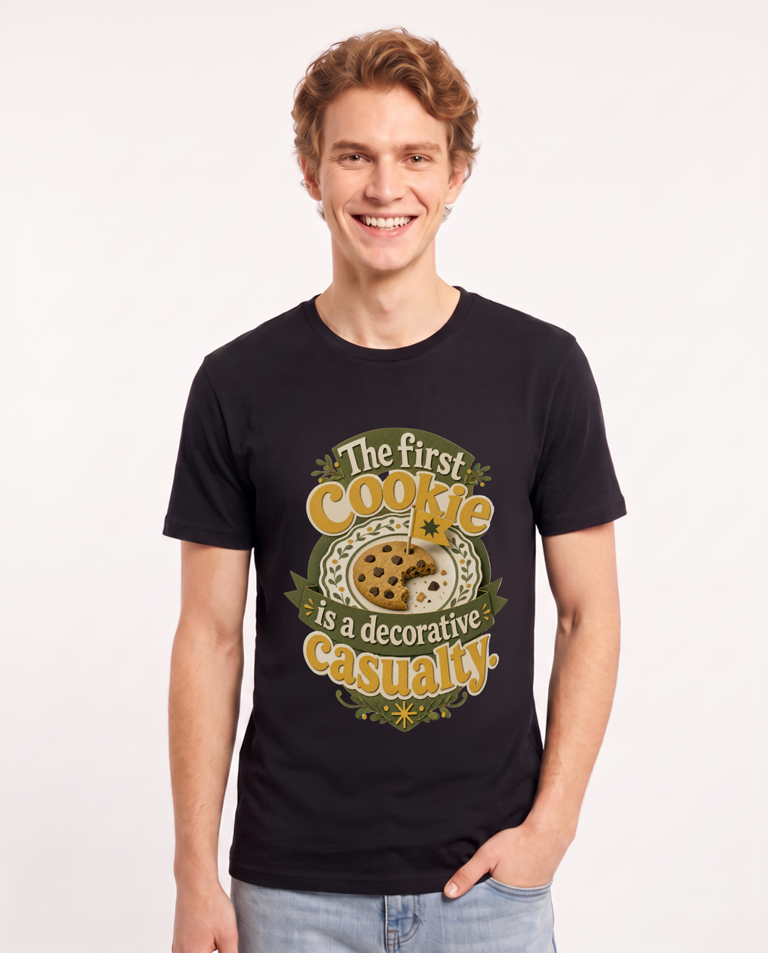 Funny Christmas Men's Black T-Shirt – The first cookie is a decorative casualty. product image 1