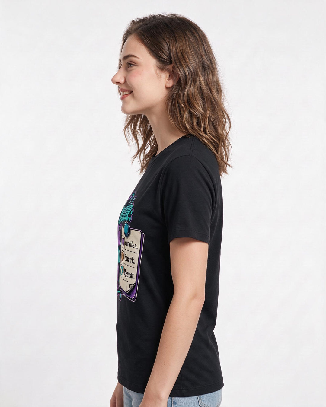 Mom Women's Black T-Shirt – Schedule: cuddles. Snack. Repeat. product image 2