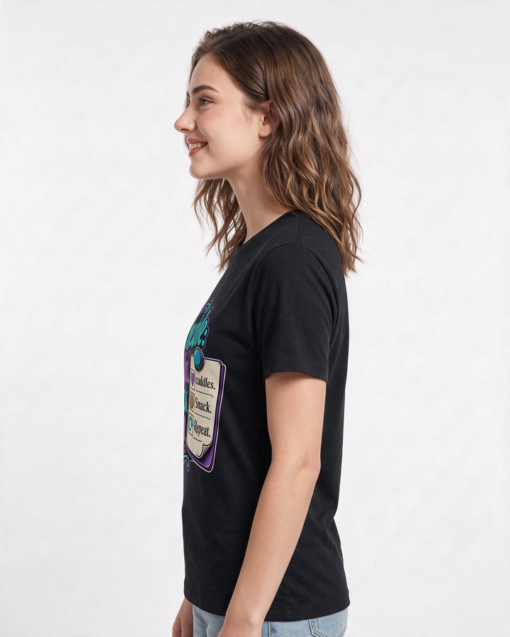 Mom Women's Black T-Shirt – Schedule: cuddles. Snack. Repeat. product image 2
