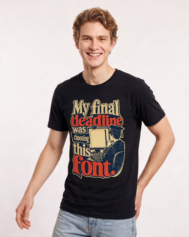 Graduation Men's Black T-Shirt – My final deadline was choosing this font. product image 3