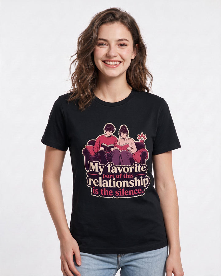 Couples Women's Black T-Shirt – My favorite part of this relationship is the silence. product image 3