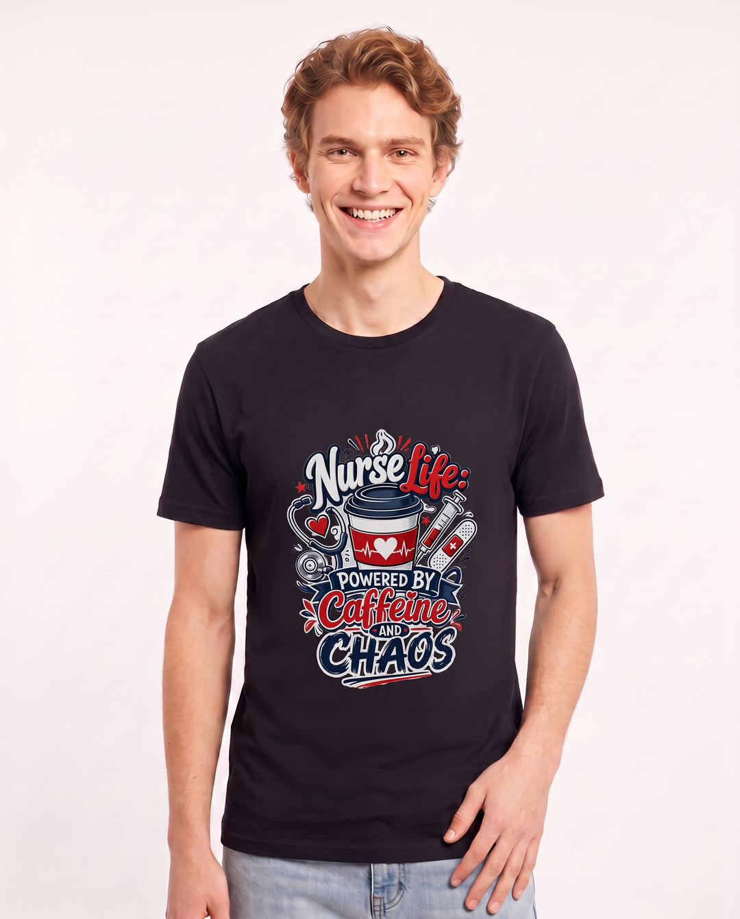 Nurse Life: Powered by Caffeine and Chaos Men's Black T-Shirt product image 1
