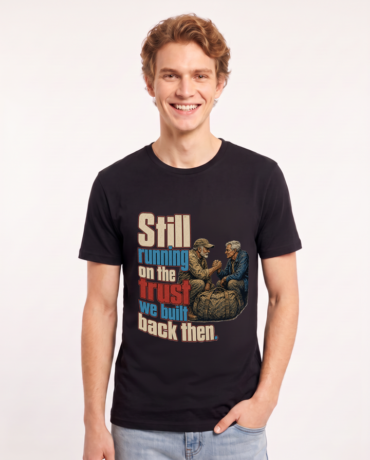 Veteran Men's Black T-Shirt – Still running on the trust we built back then. product image 1
