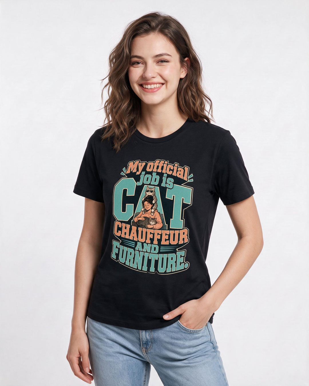 Cat Lover Women's Black T-Shirt – My official job is cat chauffeur and furniture product image 3
