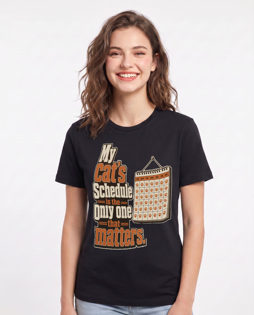 Cat Lover Women's Black T-Shirt – My cat's schedule is the only one that matters. product image 1