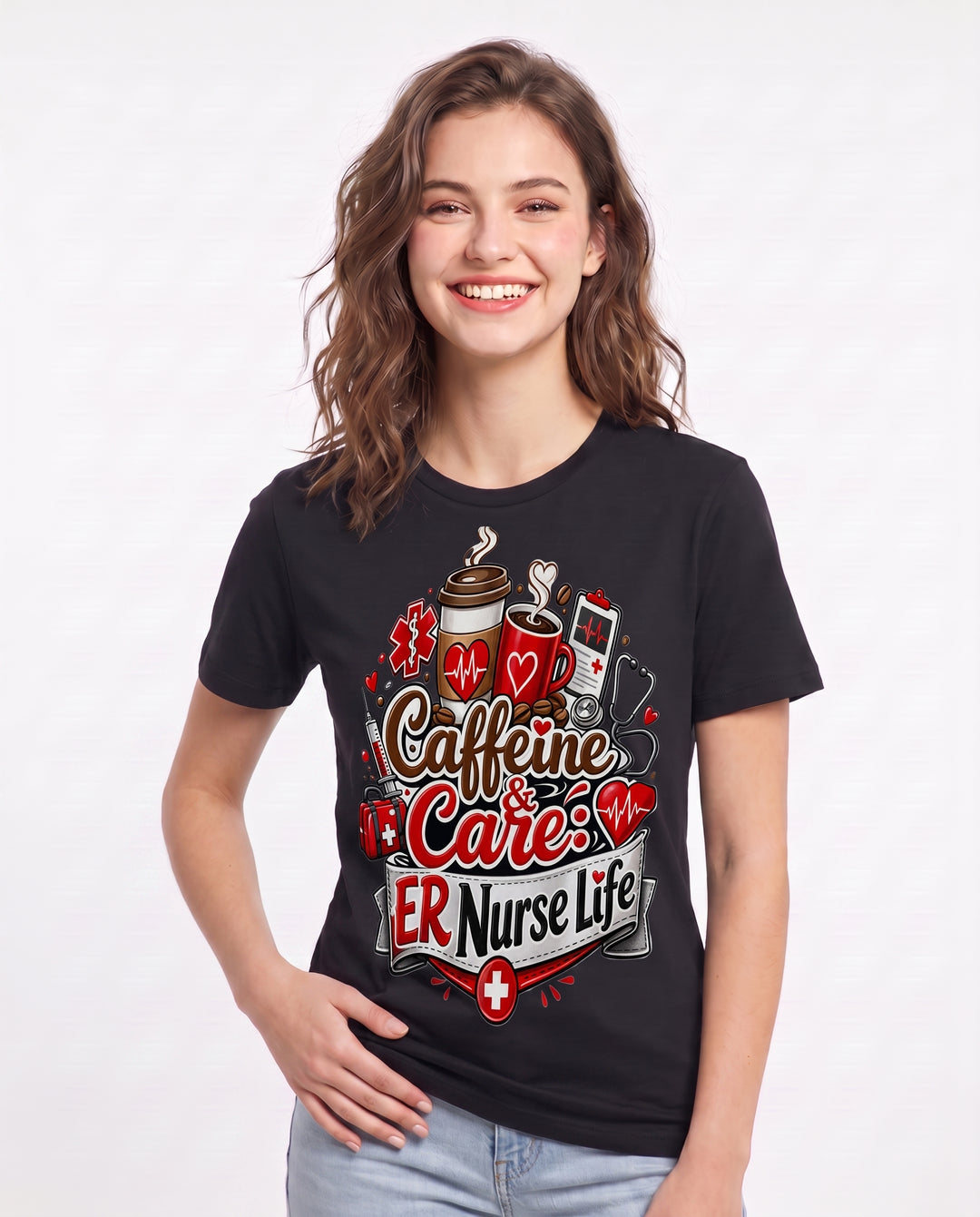 Caffeine & Care: ER Nurse Life Women's Black T-Shirt product image 1