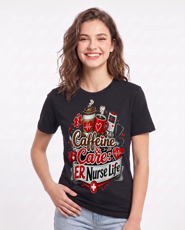 Caffeine & Care: ER Nurse Life Women's Black T-Shirt product image 1