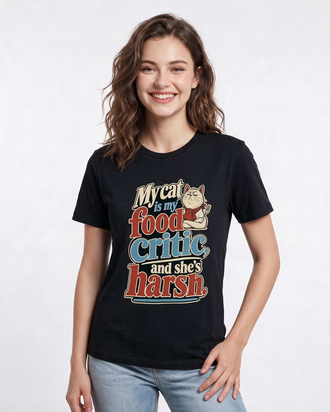 Cat Lover Women's Black T-Shirt – My cat is my food critic, and she's harsh. product image 3