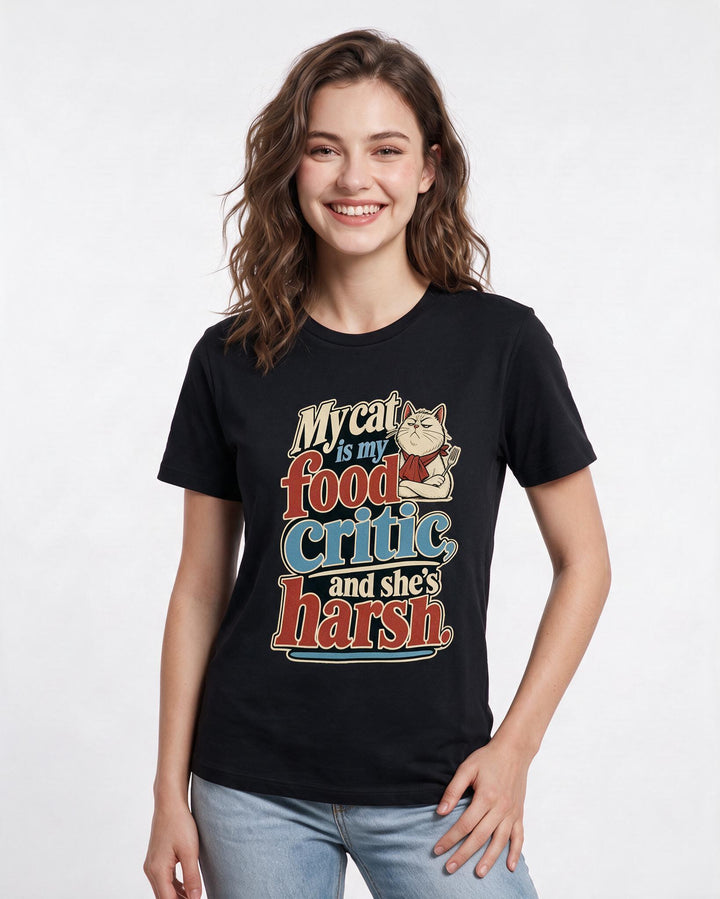 Cat Lover Women's Black T-Shirt – My cat is my food critic, and she's harsh. product image 3