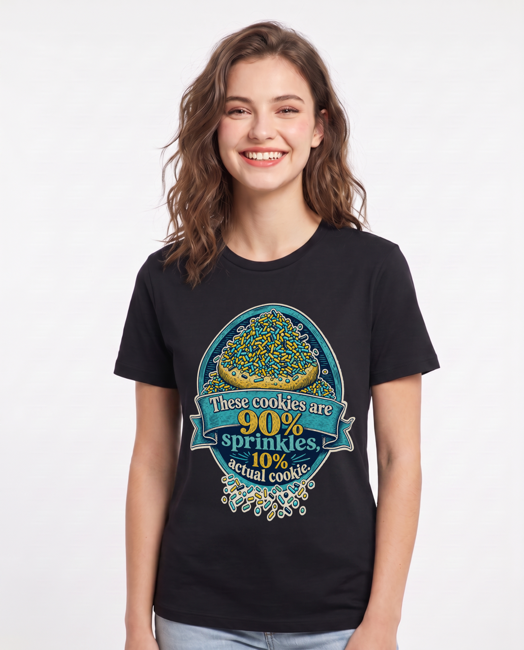 Christmas Women's Black T-Shirt – These cookies are 90% sprinkles, 10% actual cookie. product image 1