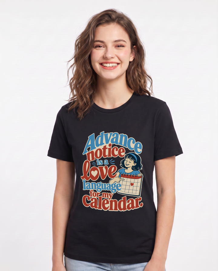 Neurodiversity Women's Black T-Shirt – Advance notice is a love language for my calendar. product image 1