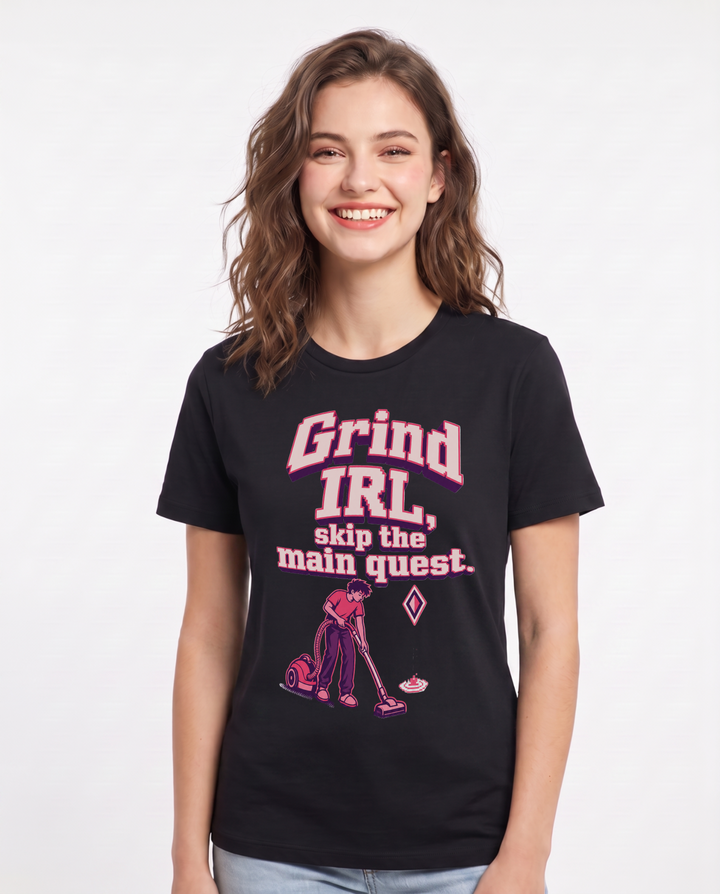 Funny Gaming Women's Black T-Shirt – Grind IRL, skip the main quest. product image 1