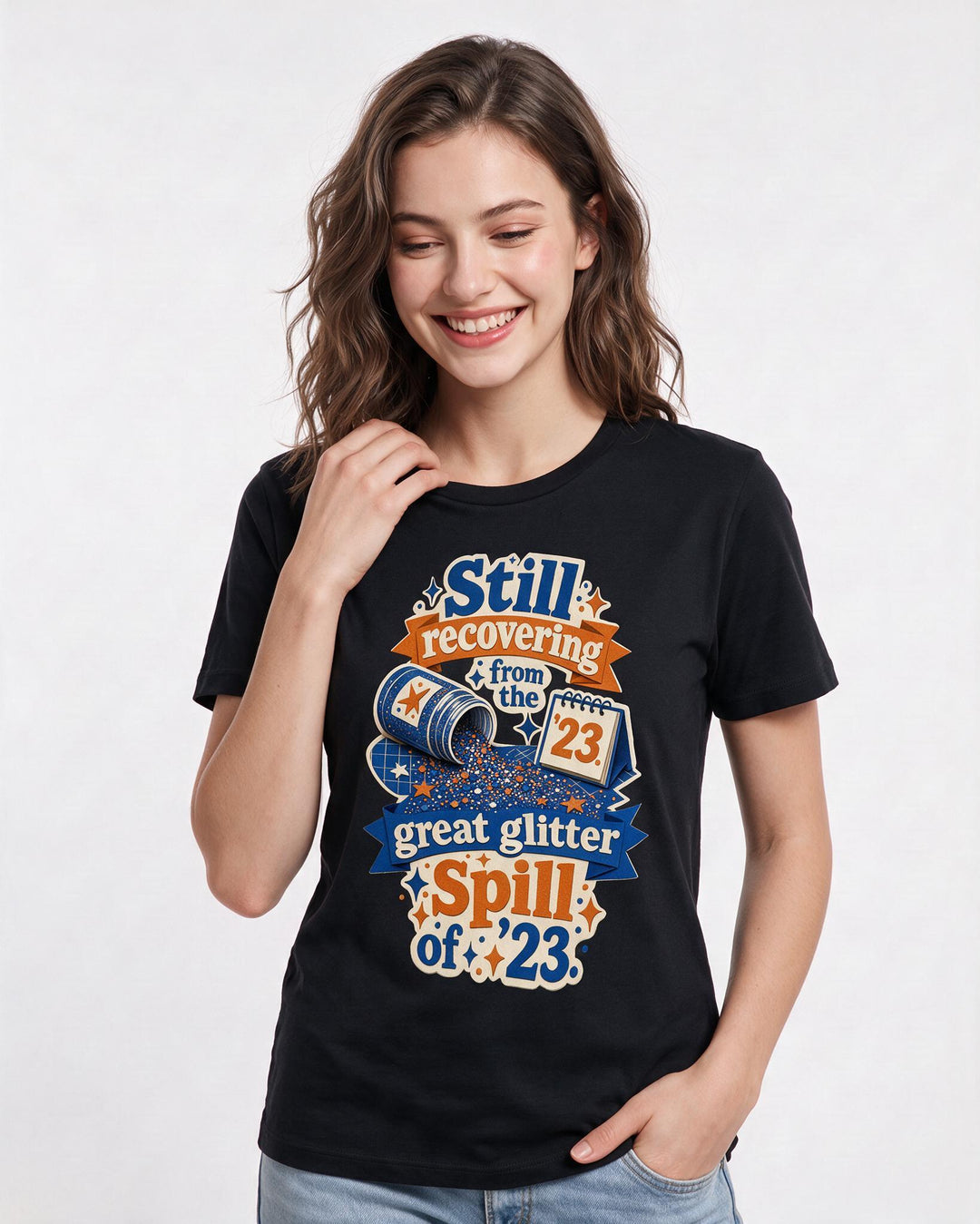 Funny Family Women's Black T-Shirt – Still recovering from the great glitter spill of '23. product image 3
