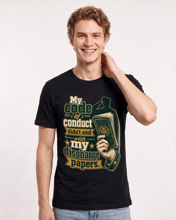 Veteran Men's Black T-Shirt – My code of conduct didn't end with my discharge papers. product image 3