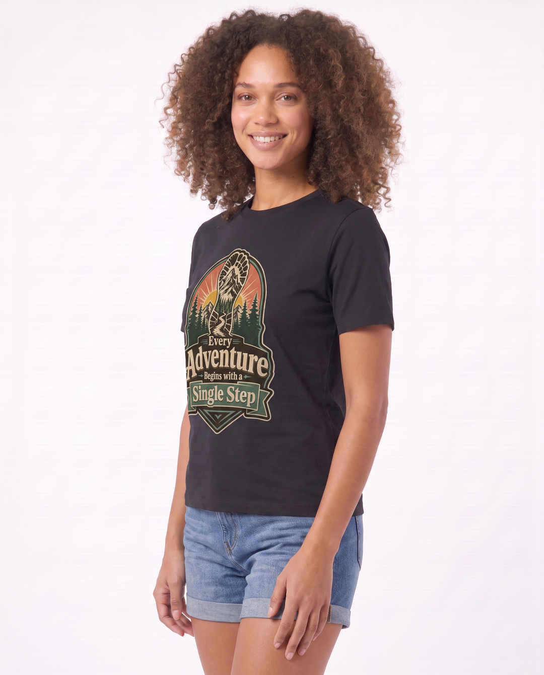 Every Adventure Begins With A Single Step Black T-Shirt mockup 2