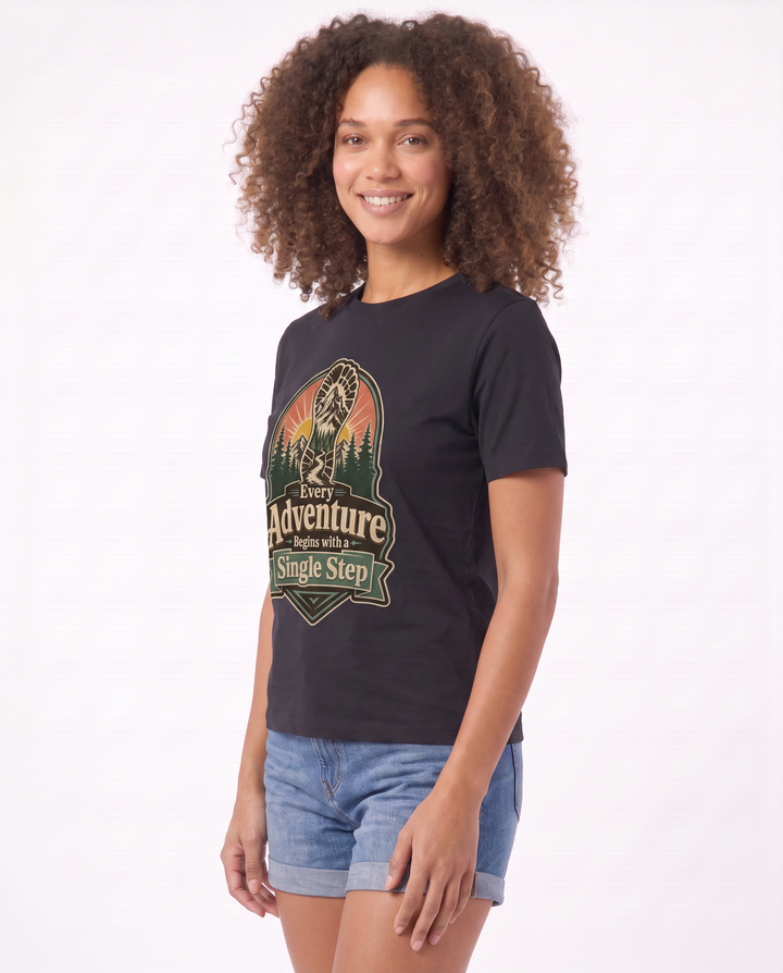 Every Adventure Begins With A Single Step Black T-Shirt mockup 2