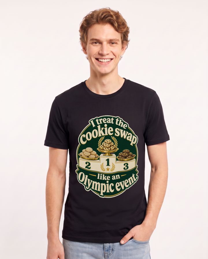 Christmas Men's Black T-Shirt – I treat the cookie swap like an Olympic event. product image 1