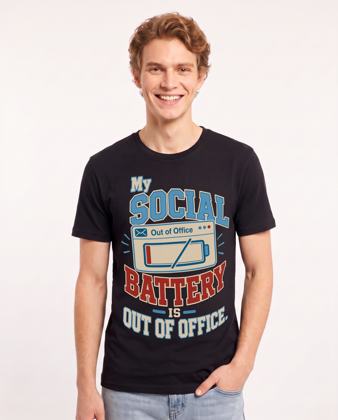 Funny Meme Men's Black T-Shirt – My social battery is out of office. product image 1