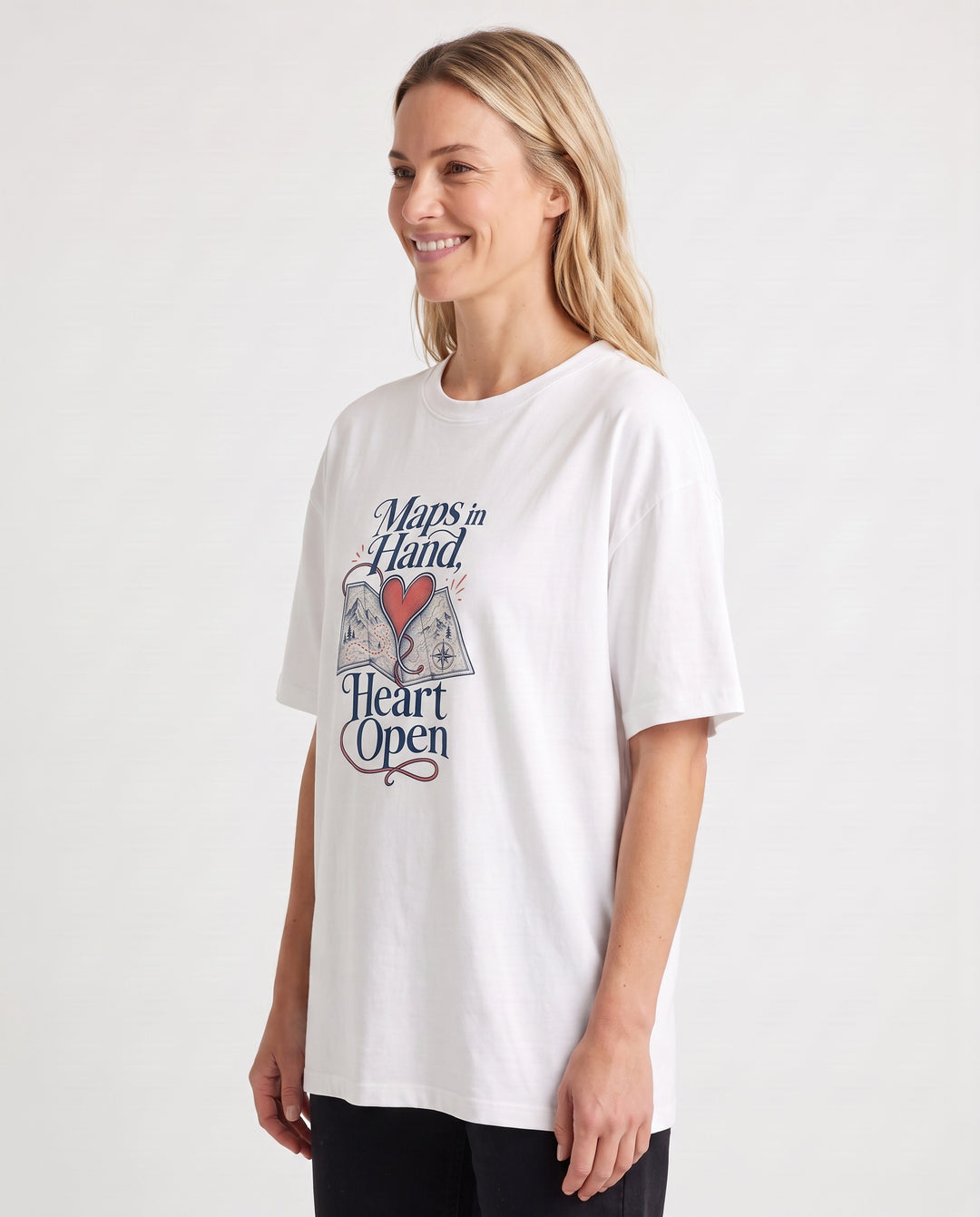 Maps In Hand, Heart Open White T-Shirt mockup 2