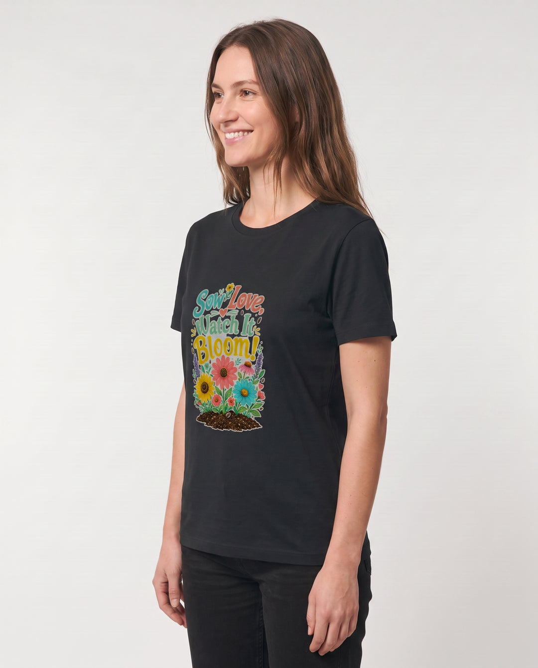 Sow Love, Watch It Bloom! Black T-Shirt mockup 2