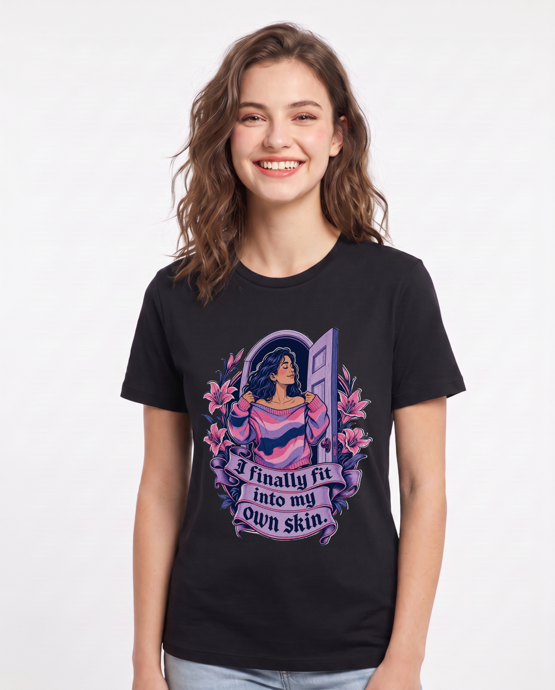 Pride Women's Black T-Shirt – I finally fit into my own skin. product image 1