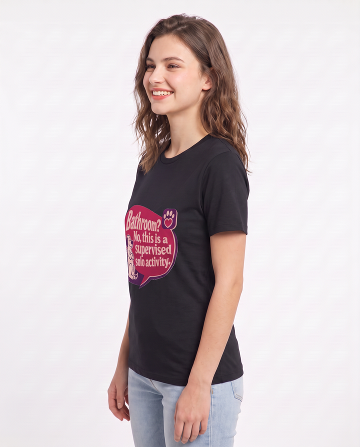 Graphic Women's Black T-Shirt - Bathroom? No, this is a supervised product image 2