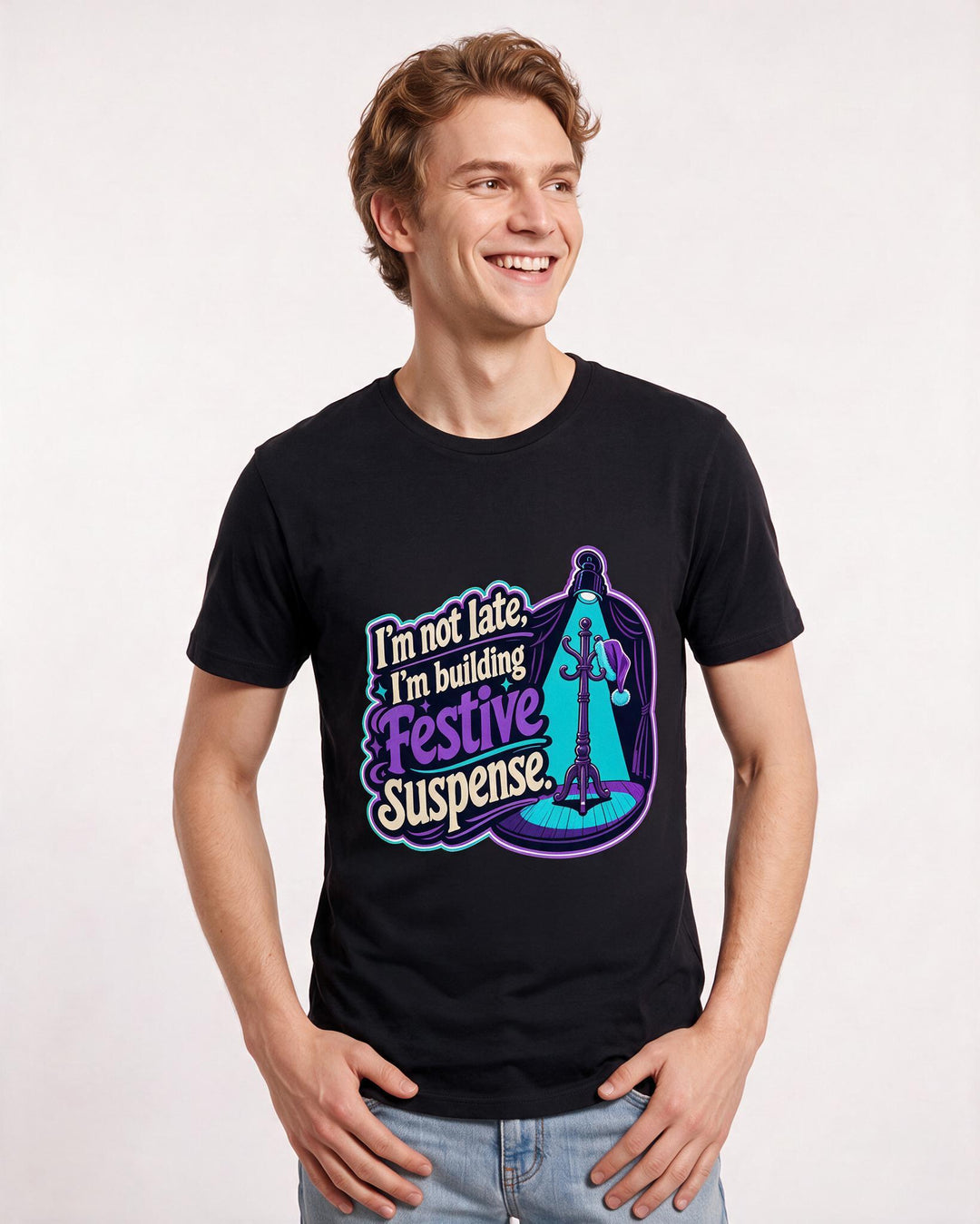 Funny Christmas Men's Black T-Shirt – I'm not late, I'm building festive suspense. product image 3