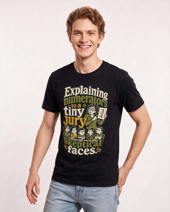 Teacher Men's Black T-Shirt – Explaining numerators to a tiny jury of skeptical faces. product image 3