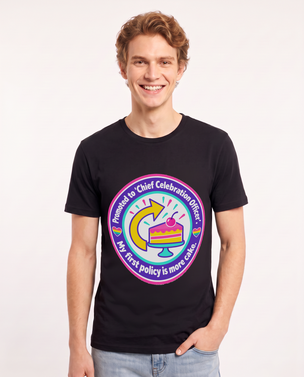Promoted to 'Chief Celebration Officer'. My first policy is more cake. Men's Black T-Shirt product image 2