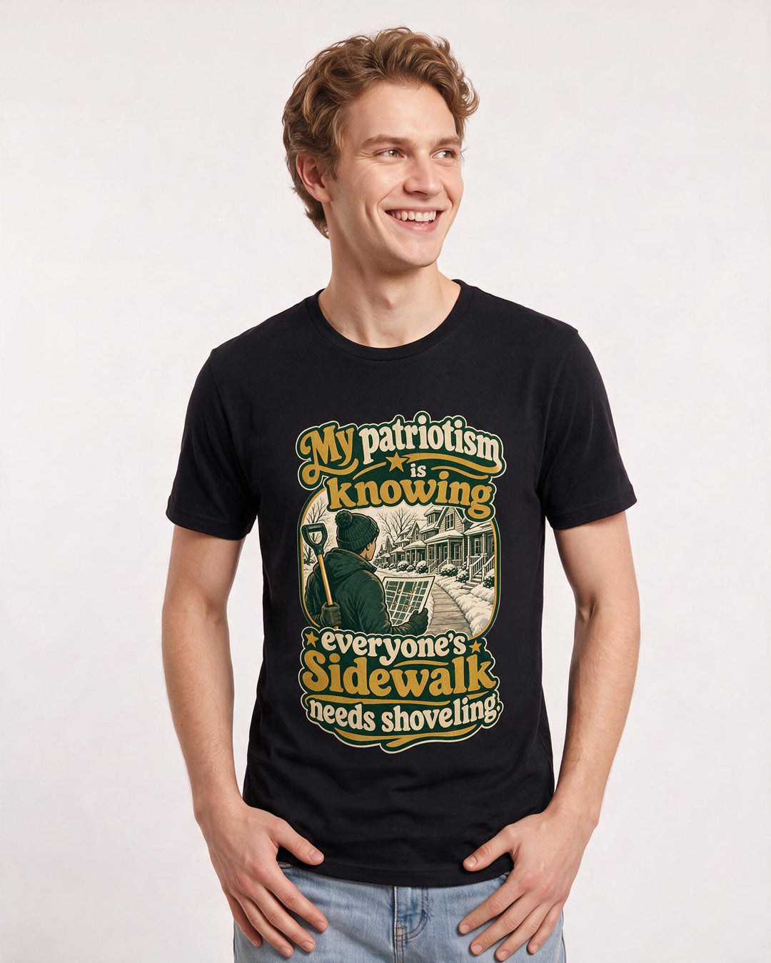 Patriotic Men's Black T-Shirt – My patriotism is knowing everyone's sidewalk needs shoveling. product image 3