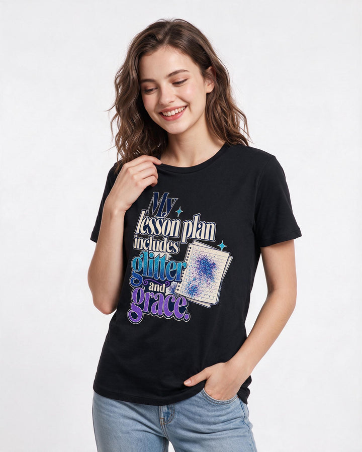 Teacher Women's Black T-Shirt – My lesson plan includes glitter and grace. product image 3