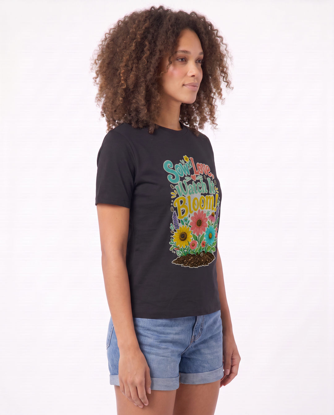 Sow Love, Watch It Bloom! Black T-Shirt mockup 2