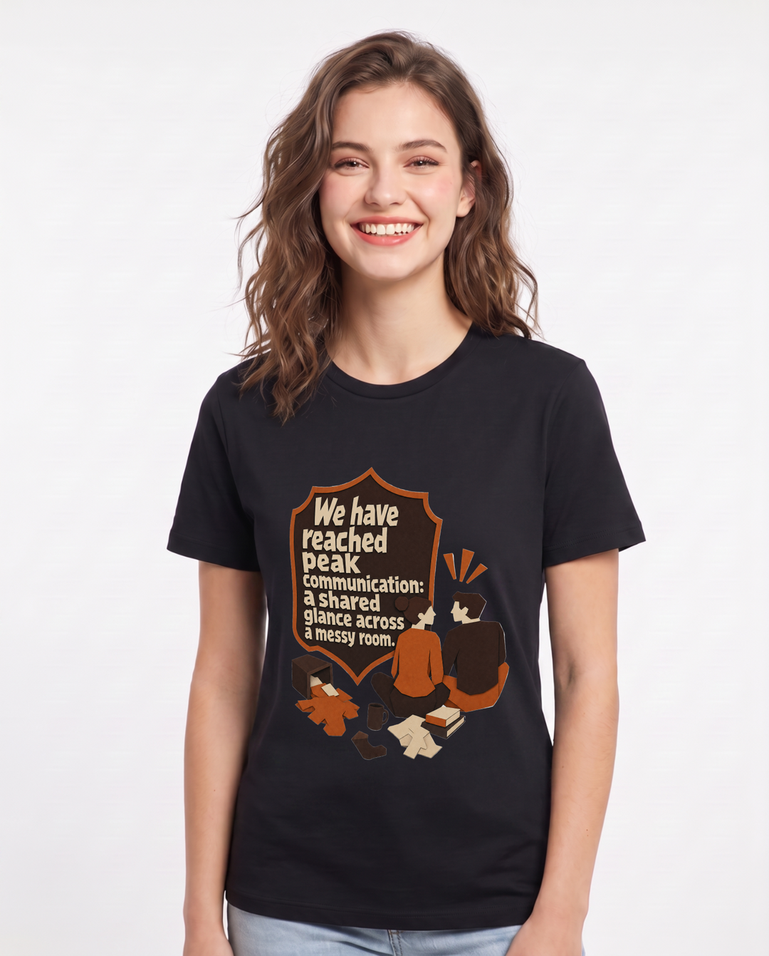 Couples Women's Black T-Shirt - We have reached peak communication: a product image 1