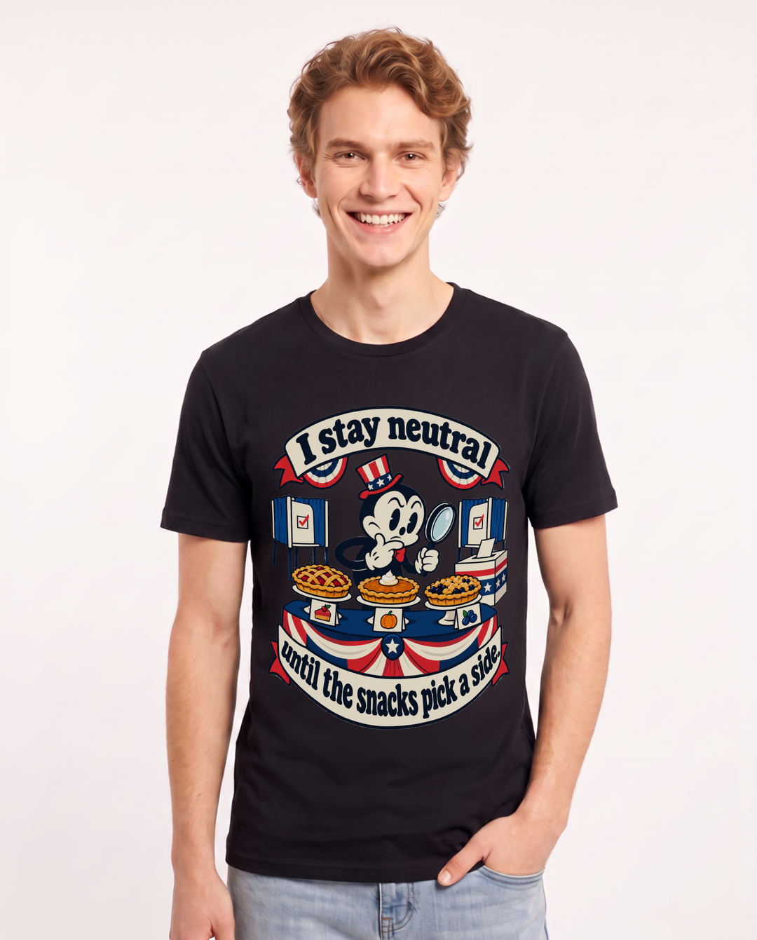 I stay neutral until the snacks pick a side. Men's Black T-Shirt product image 2