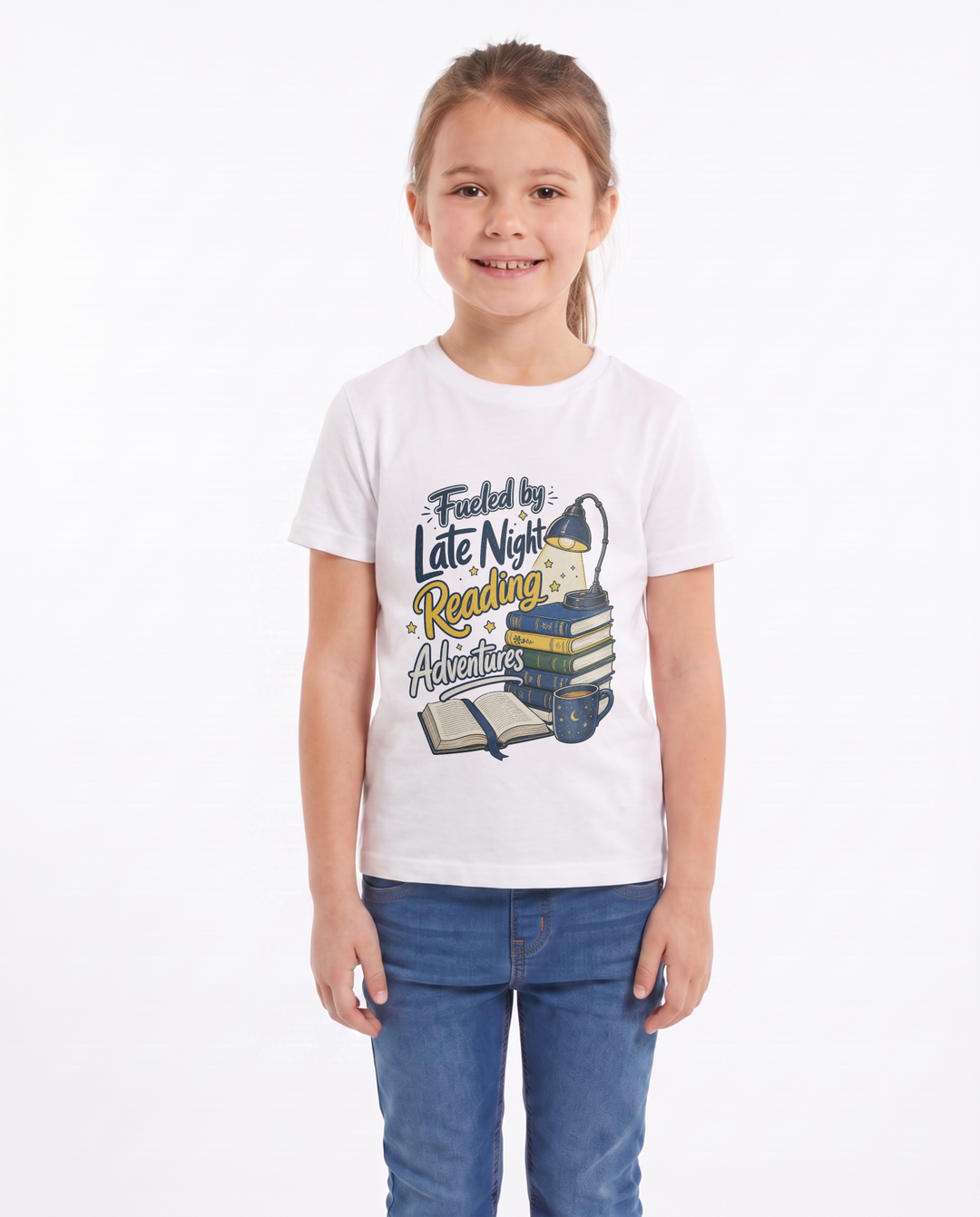 Fueled By Late Night Reading Adventures White T-Shirt mockup 1