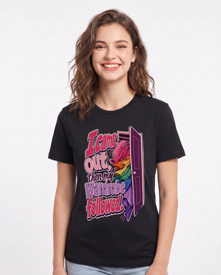 Pride Women's Black T-Shirt – I came out, then my wardrobe followed. product image 1