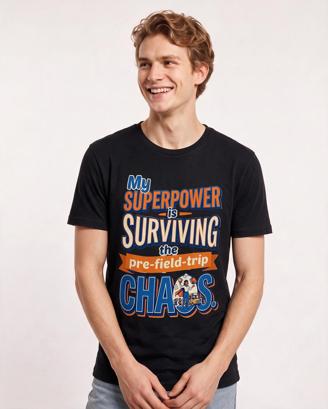 Funny Teacher Men's Black T-Shirt – My superpower is surviving the pre-field-trip chaos. product image 3
