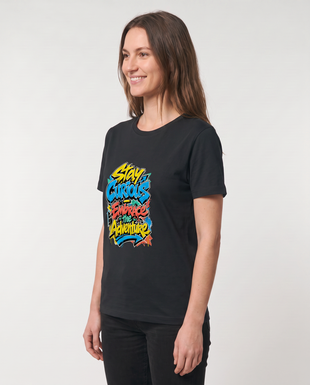 Stay Curious Embrace The Adventure Black T-Shirt mockup 2